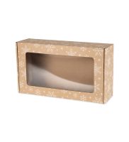 pudelko swiateczne fasonowe z okienkiem 350x200x100 mm z bialym nadrukiem sniezynki zdj glowne