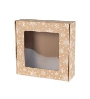 pudełko swiateczne fasonowe z okienkiem 300x300x100 mm z bialym nadrukiem sniezynki