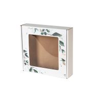 pudelko fasonowe z okienkiem bielone nadruk liscie 200x200x50 mm zdj glowne