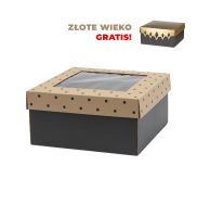 pudelko wieko-dno z okienkiem 200x200x100 mm z nadrukiem kropki + zlote kropki gratis