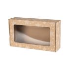 pudelko swiateczne fasonowe z okienkiem 350x200x100 mm z bialym nadrukiem sniezynki zdj glowne