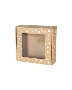 pudelko fasonowe z okienkiem 200x200x50 mm z bialym nadrukiem serduszka