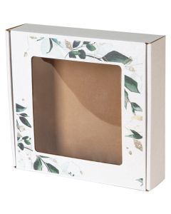 pudelko fasonowe z okienkiem bielone nadruk liscie 200x200x50 mm zdj glowne