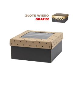 pudelko wieko-dno z okienkiem 200x200x100 mm z nadrukiem kropki + zlote kropki gratis