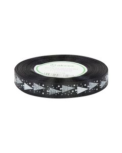wstazka satynowa czarna z bialym nadrukiem choinki 12 mm