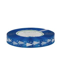 wstazka satynowa granatowa z bialym nadrukiem choinki 12 mm